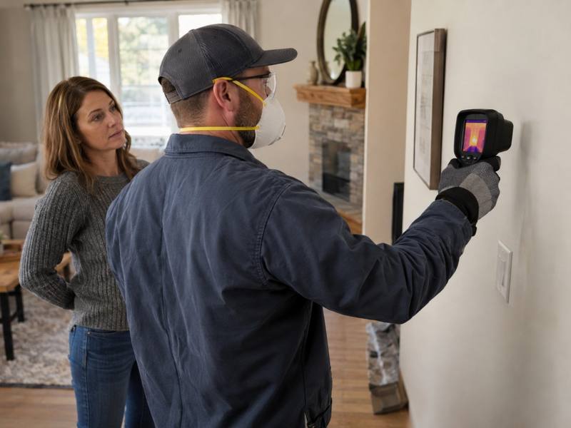 Thermal camera check of a wall with a homeowner in Doon