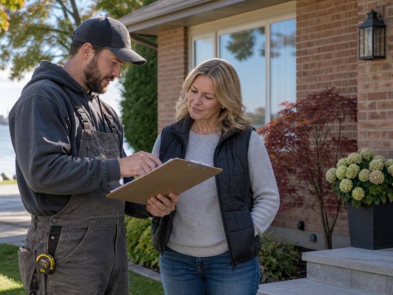 Insulation estimator going over a written quote with a homeowner in Doon