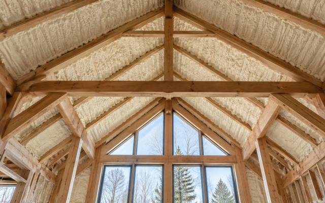 Spray foam between the rafters of a vaulted ceiling over tall windows in Doon