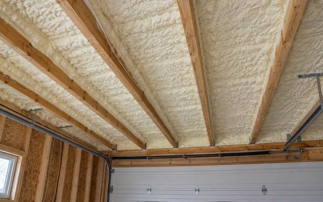 Spray foam across the ceiling joists of an attached garage