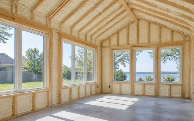 Spray foam in the walls and ceiling of a bright home addition in Doon